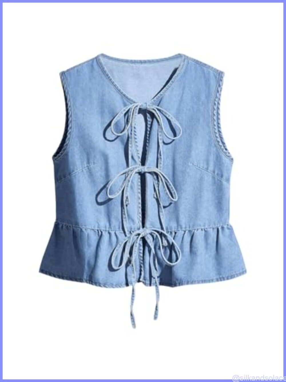 Sleeveless Denim Peplum Vest Top Bow Tie Front Adjustable